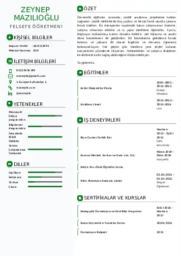 Felsefe Öğretmeni CV Örnekleri cv indir